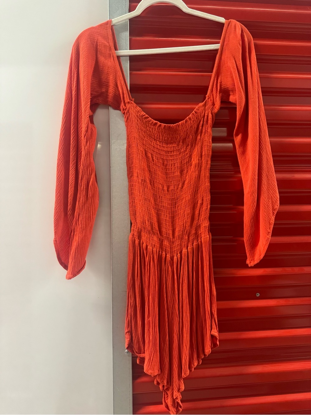 Blue Life Orange Long Sleeve Smocked Jumpsuit Romper - off the shoulder